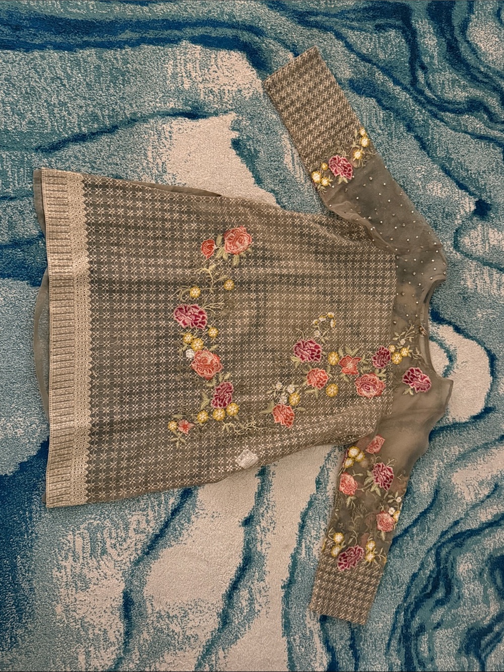 Embroidered Brown sheer Women's Kurta with Floral Accents set